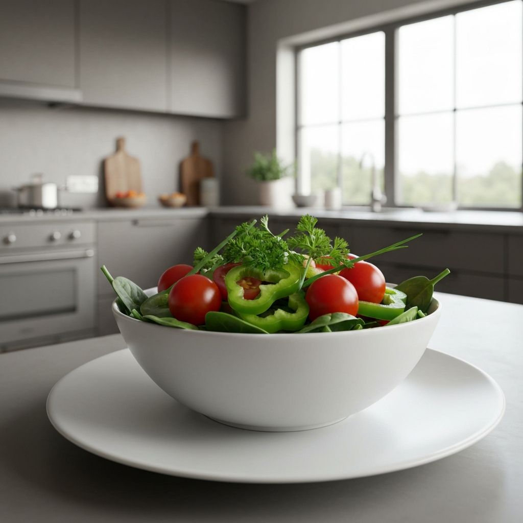 Barvita zdjela sa salatom i svježim biljem na bijeloj pliti